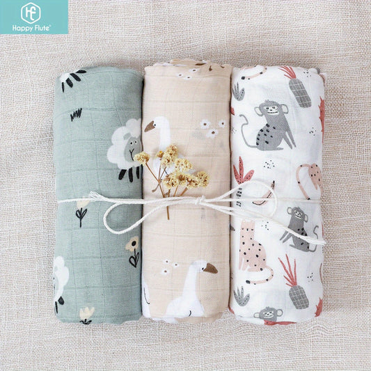 Set of 3 Bamboo Muslin Swaddle Blankets with Flute Design, Double-Layered Gauze Fabric, Hand Washable, Suitable for Infants and Toddlers aged 0-3 Years, Size 109.98cm x 119.89cm