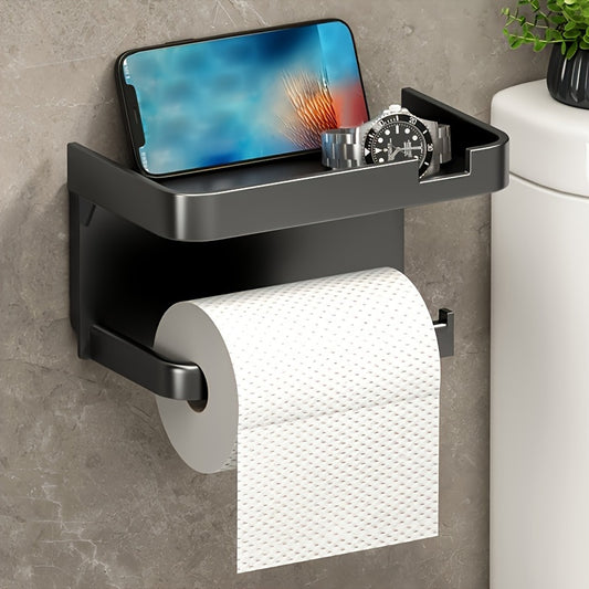 Wall-mounted toilet paper holder with phone shelf, no-drill installation, sleek black design.