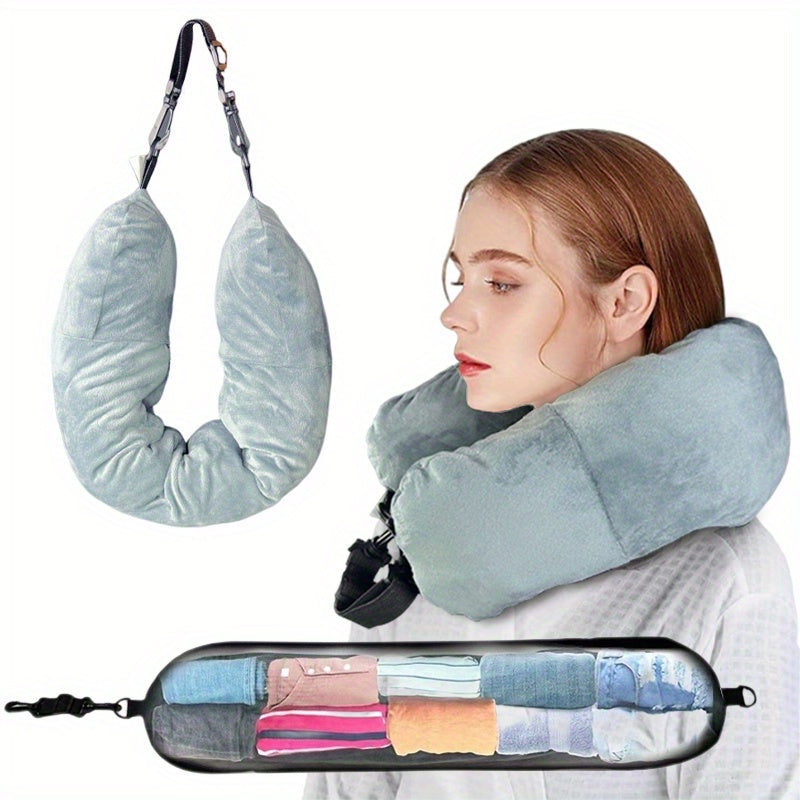 Adjustable Travel Neck Pillow with Long Zipper and Hanging Shelf for Easy Storage - Extra Soft, Spacious, and Made of Polyester