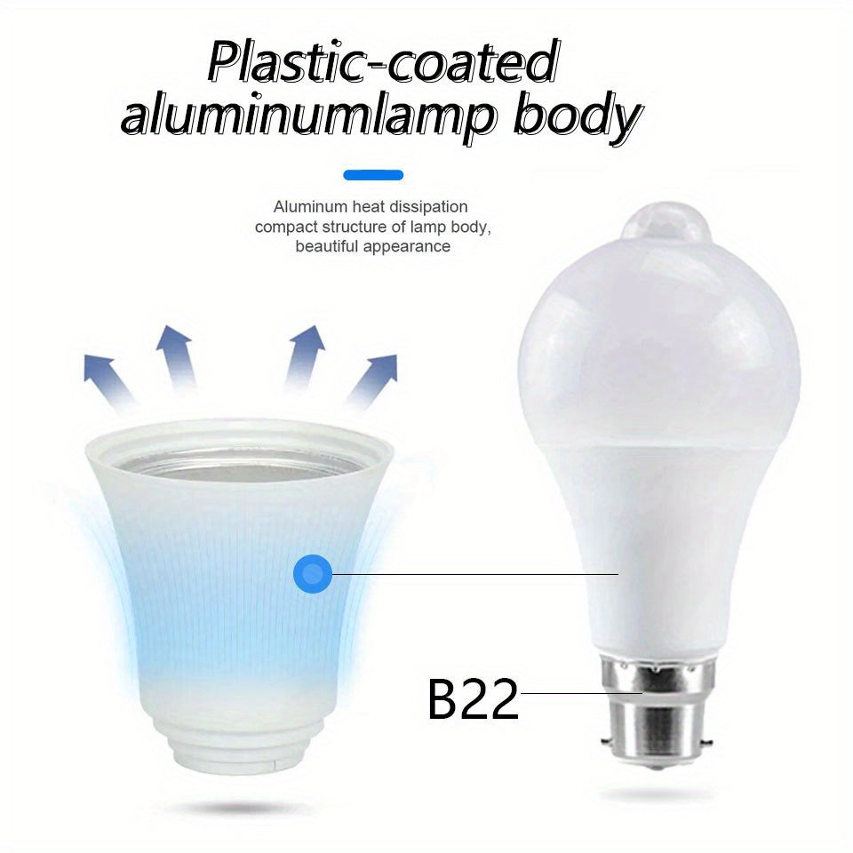 4 pieces of B22 PIR motion sensor LED bulb light in 6W, 9W, and 12W, available in cold white and warm white. Compatible with AC175-265V for energy saving.