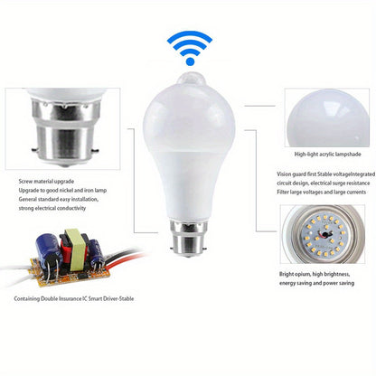 4 pieces of B22 PIR motion sensor LED bulb light in 6W, 9W, and 12W, available in cold white and warm white. Compatible with AC175-265V for energy saving.