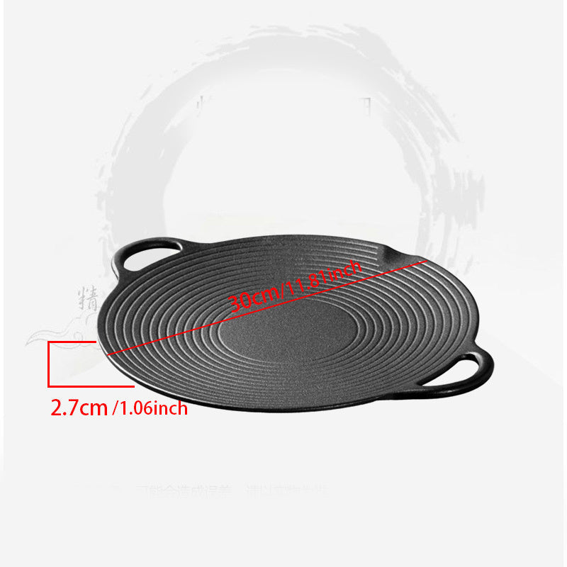 Single non-stick skillet made of cast iron with two handles for grilling and frying. Can be used on gas and induction stoves. Handwashing recommended.