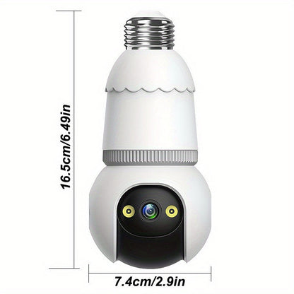 This security camera features an E27 connector and provides 1080P HD video quality with a 355° panoramic view. It also includes two-way audio, smart motion detection, and can be used indoors or outdoors. Compatible with smartphones, it operates on a