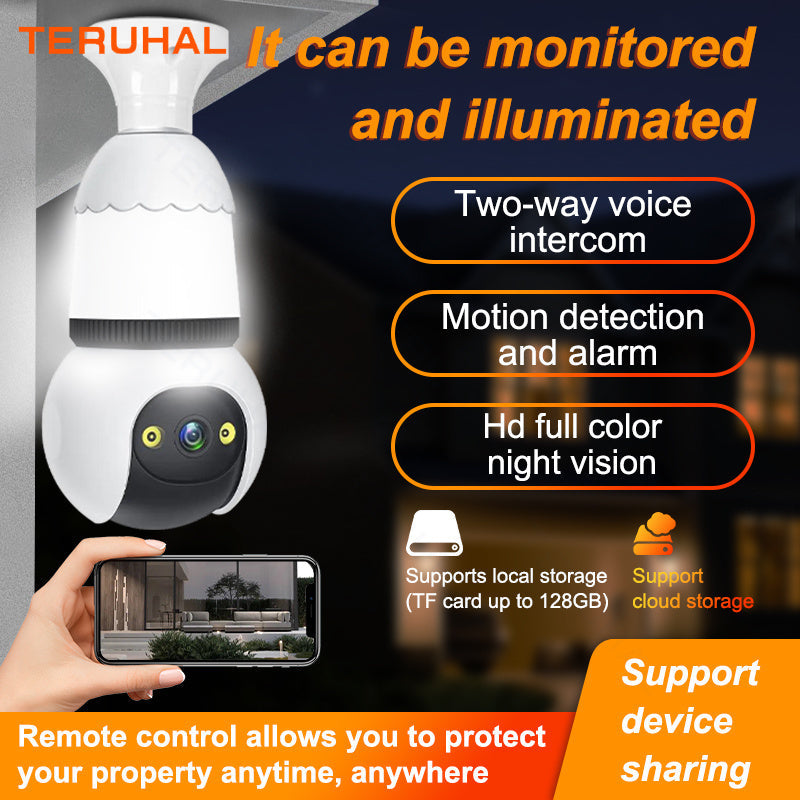 This security camera features an E27 connector and provides 1080P HD video quality with a 355° panoramic view. It also includes two-way audio, smart motion detection, and can be used indoors or outdoors. Compatible with smartphones, it operates on a