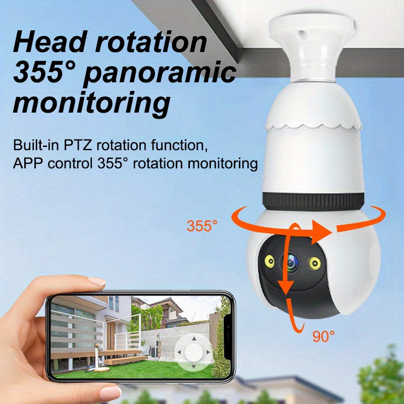 This security camera features an E27 connector and provides 1080P HD video quality with a 355° panoramic view. It also includes two-way audio, smart motion detection, and can be used indoors or outdoors. Compatible with smartphones, it operates on a