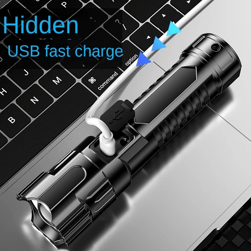 LED Flashlight with long-range illumination, retractable design, USB rechargeable, suitable for camping and hiking, has hidden USB charging port.