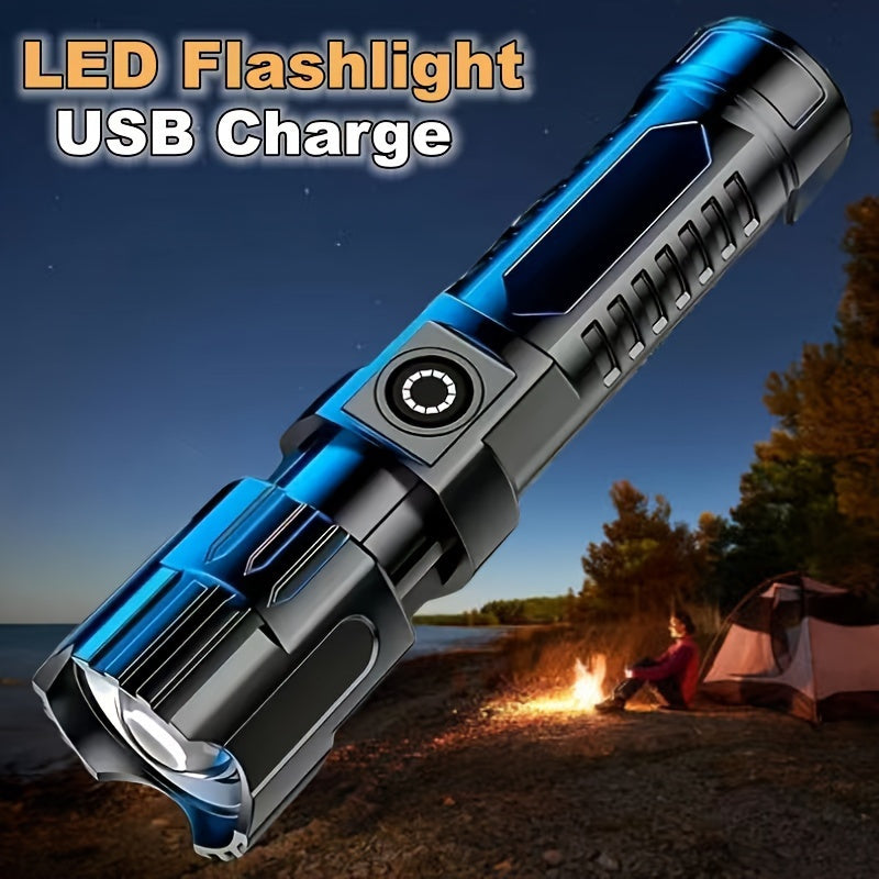 LED Flashlight with long-range illumination, retractable design, USB rechargeable, suitable for camping and hiking, has hidden USB charging port.