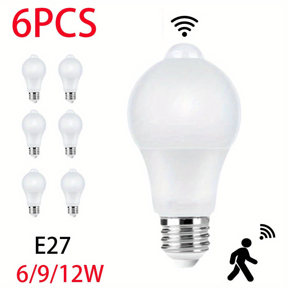 6-pack of motion sensor LED bulbs (6W-12W) for indoor use in home, bedroom, and kitchen.