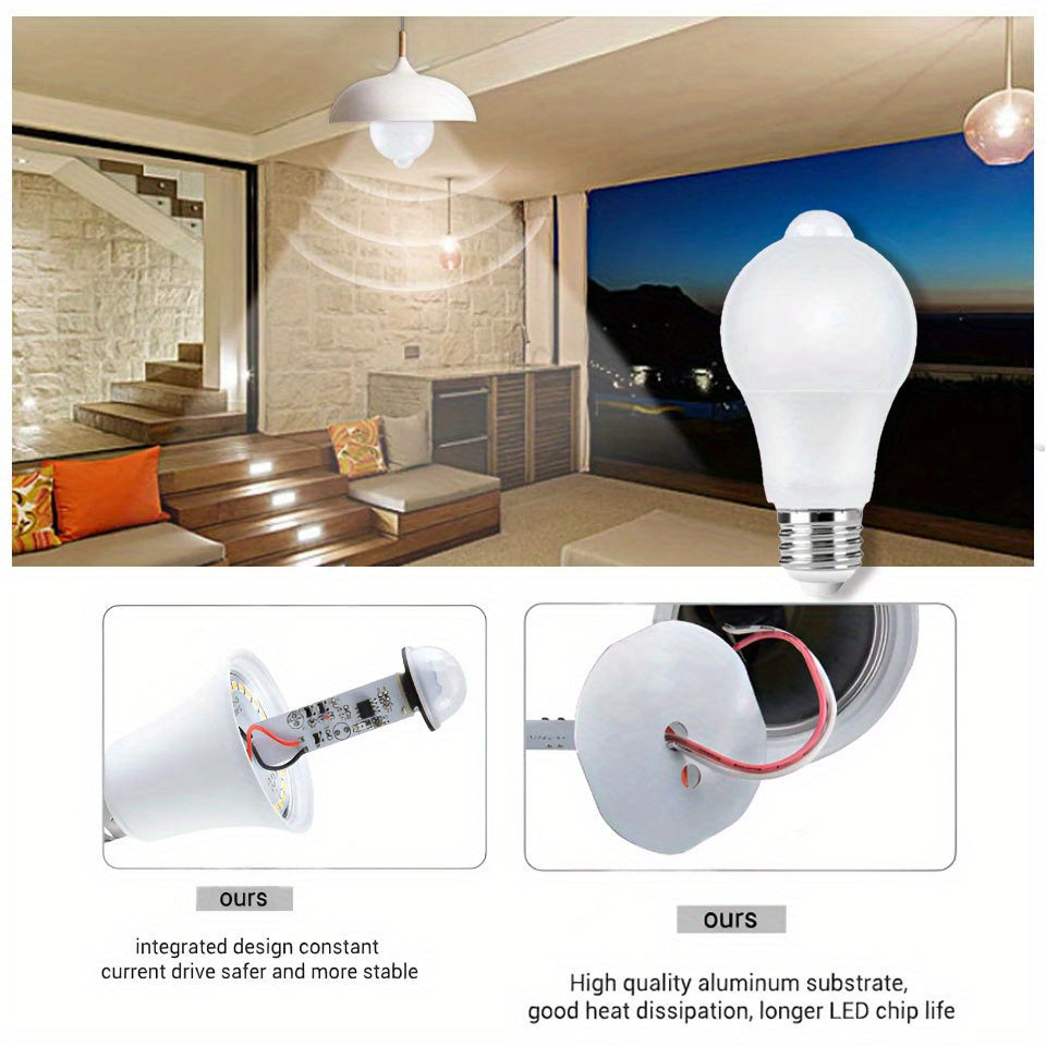 6-pack of motion sensor LED bulbs (6W-12W) for indoor use in home, bedroom, and kitchen.