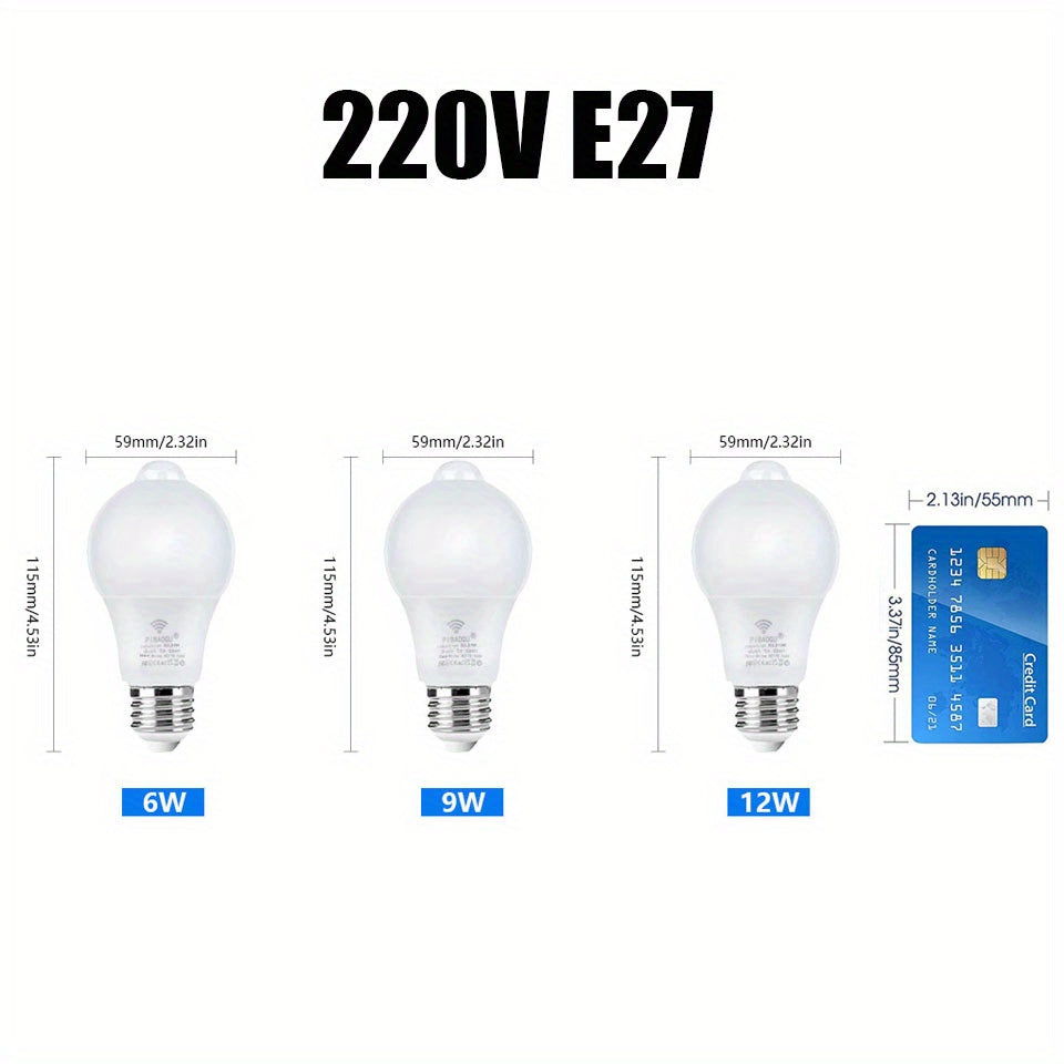 6-pack of motion sensor LED bulbs (6W-12W) for indoor use in home, bedroom, and kitchen.