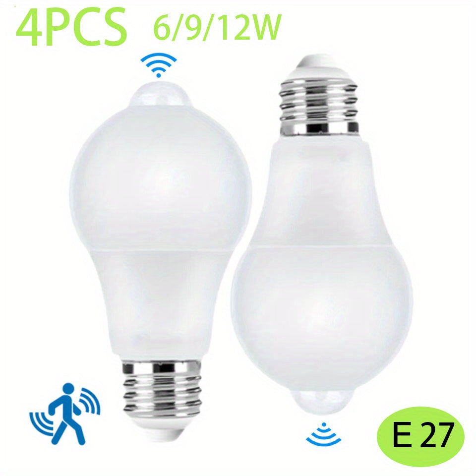 4pcs PIR motion sensor LED light bulbs with 220V E27 6W, 9W, 12W options for indoor security lighting in home, garage, and pathways.