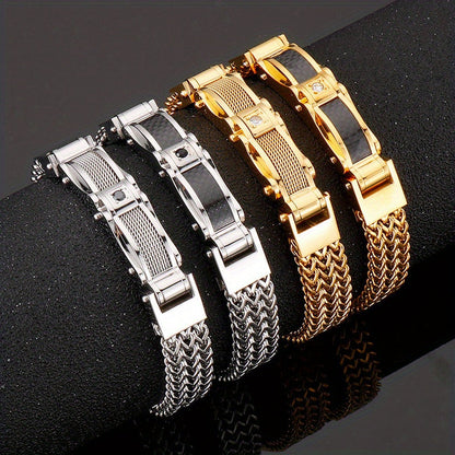 Men's stylish bracelet made of titanium steel with synthetic faux gemstone inlay, featuring a modern square design and magnetic clasp. Perfect for adding a fashionable touch to your party and holiday outfits, this bracelet makes an ideal gift for