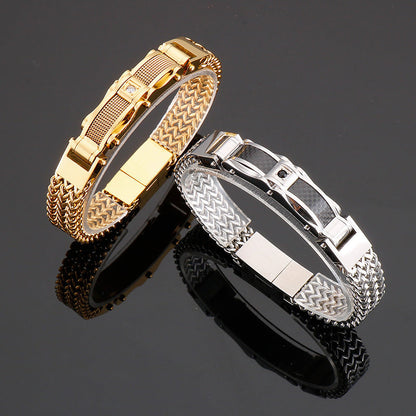 Men's stylish bracelet made of titanium steel with synthetic faux gemstone inlay, featuring a modern square design and magnetic clasp. Perfect for adding a fashionable touch to your party and holiday outfits, this bracelet makes an ideal gift for