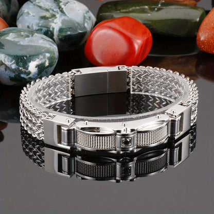 Men's stylish bracelet made of titanium steel with synthetic faux gemstone inlay, featuring a modern square design and magnetic clasp. Perfect for adding a fashionable touch to your party and holiday outfits, this bracelet makes an ideal gift for