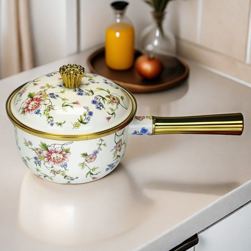 One piece of a multifunctional thick enamel pot with a handle measuring 18.01cm by 19.99cm can be used as a soup pot, stew pot, boiling pot, chocolate butter milk heating pot, oil drizzle pot, and more. This pot is suitable for use on gas and electric