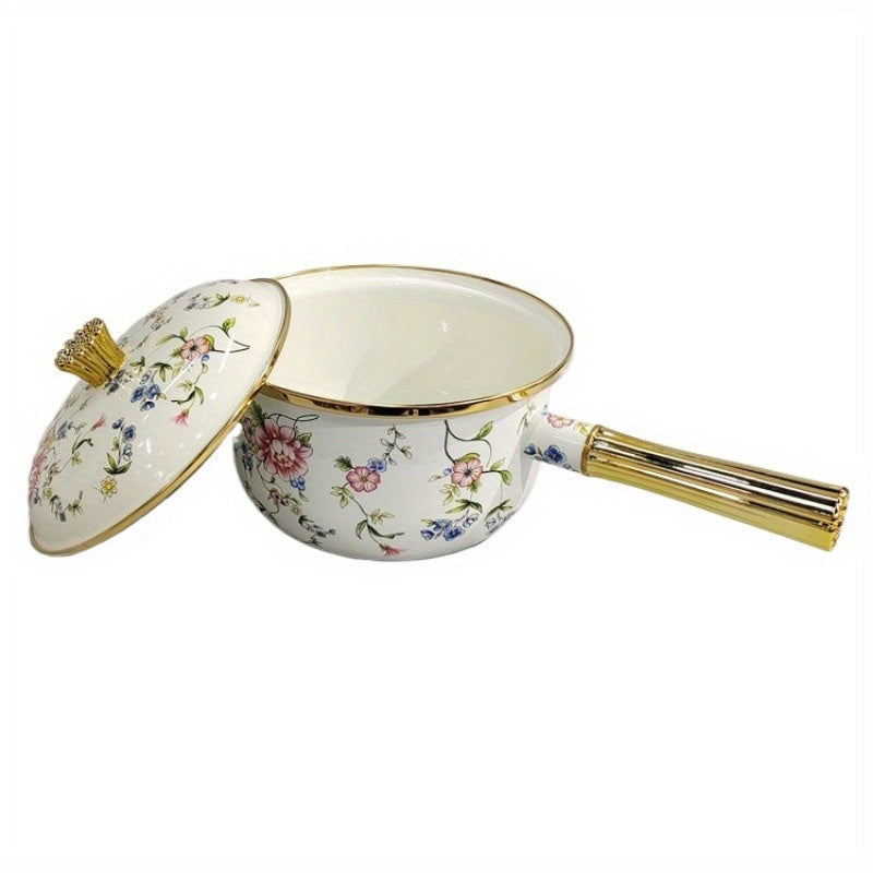 One piece of a multifunctional thick enamel pot with a handle measuring 18.01cm by 19.99cm can be used as a soup pot, stew pot, boiling pot, chocolate butter milk heating pot, oil drizzle pot, and more. This pot is suitable for use on gas and electric