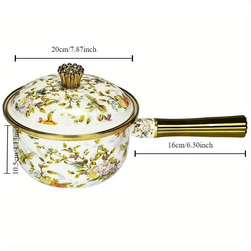 One piece of a multifunctional thick enamel pot with a handle measuring 18.01cm by 19.99cm can be used as a soup pot, stew pot, boiling pot, chocolate butter milk heating pot, oil drizzle pot, and more. This pot is suitable for use on gas and electric