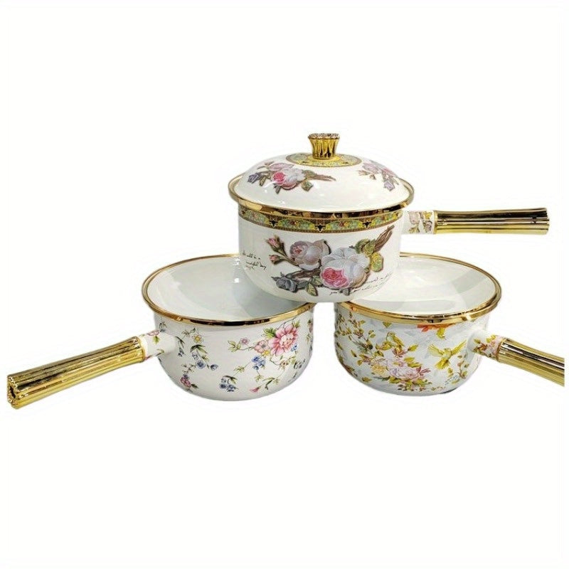 One piece of a multifunctional thick enamel pot with a handle measuring 18.01cm by 19.99cm can be used as a soup pot, stew pot, boiling pot, chocolate butter milk heating pot, oil drizzle pot, and more. This pot is suitable for use on gas and electric