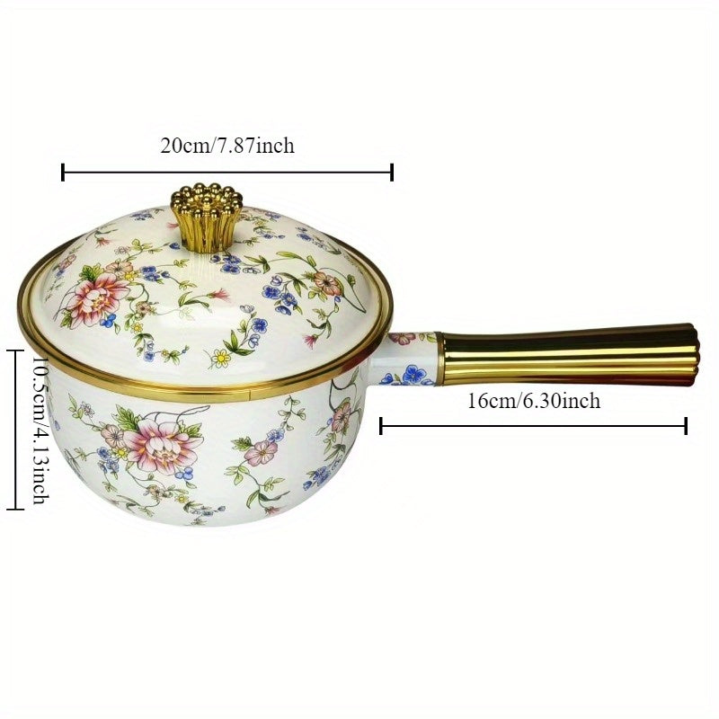 One piece of a multifunctional thick enamel pot with a handle measuring 18.01cm by 19.99cm can be used as a soup pot, stew pot, boiling pot, chocolate butter milk heating pot, oil drizzle pot, and more. This pot is suitable for use on gas and electric