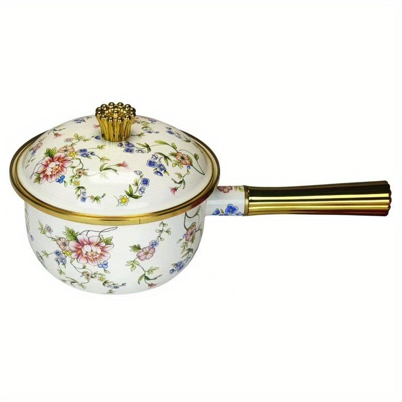 One piece of a multifunctional thick enamel pot with a handle measuring 18.01cm by 19.99cm can be used as a soup pot, stew pot, boiling pot, chocolate butter milk heating pot, oil drizzle pot, and more. This pot is suitable for use on gas and electric