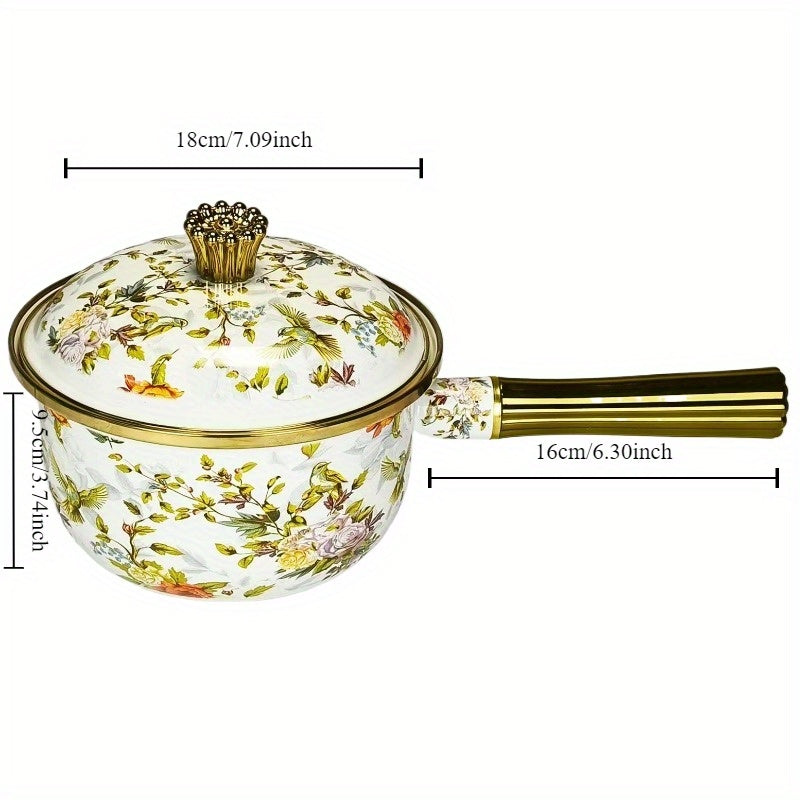 One piece of a multifunctional thick enamel pot with a handle measuring 18.01cm by 19.99cm can be used as a soup pot, stew pot, boiling pot, chocolate butter milk heating pot, oil drizzle pot, and more. This pot is suitable for use on gas and electric