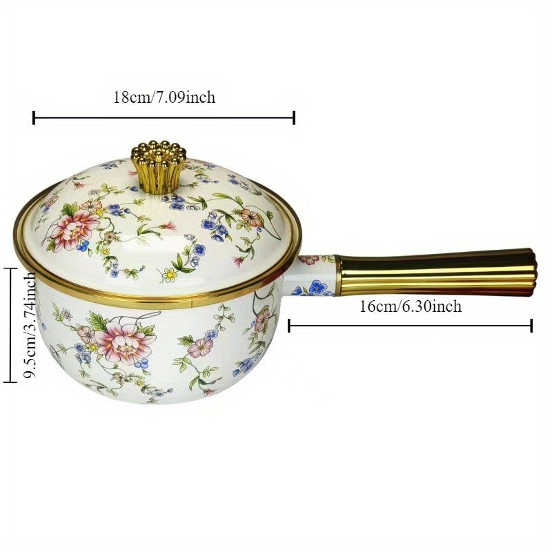 One piece of a multifunctional thick enamel pot with a handle measuring 18.01cm by 19.99cm can be used as a soup pot, stew pot, boiling pot, chocolate butter milk heating pot, oil drizzle pot, and more. This pot is suitable for use on gas and electric