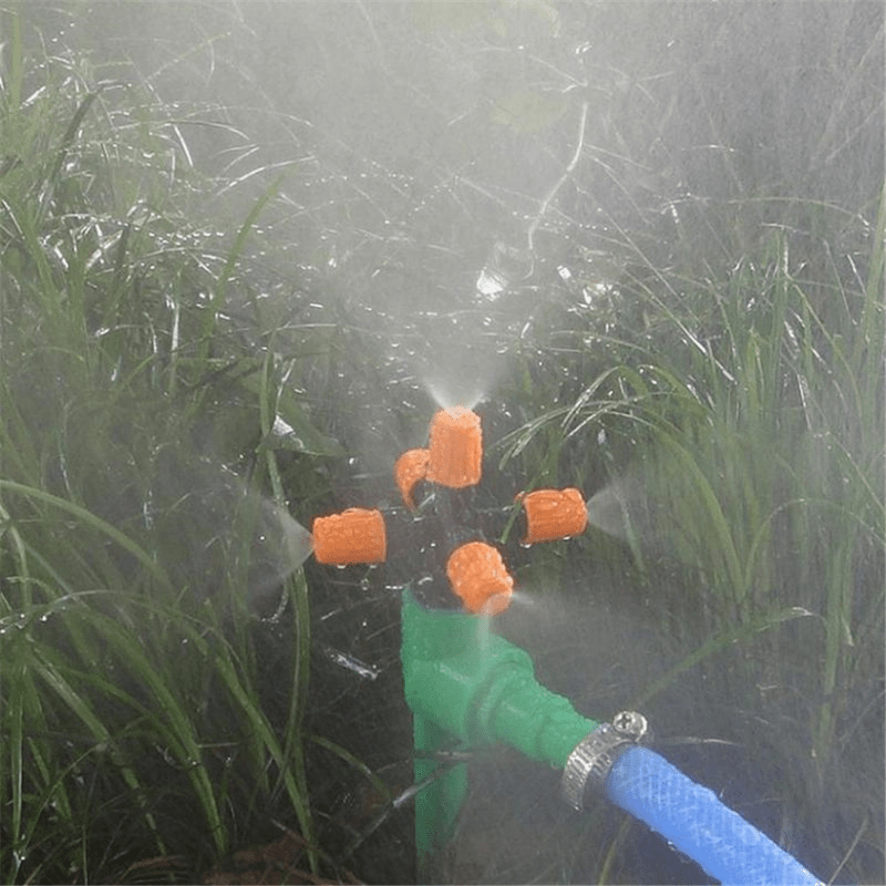 Versatile lawn sprinkler with 360-degree rotation and 5 outlets, suitable for various irrigation and other uses.