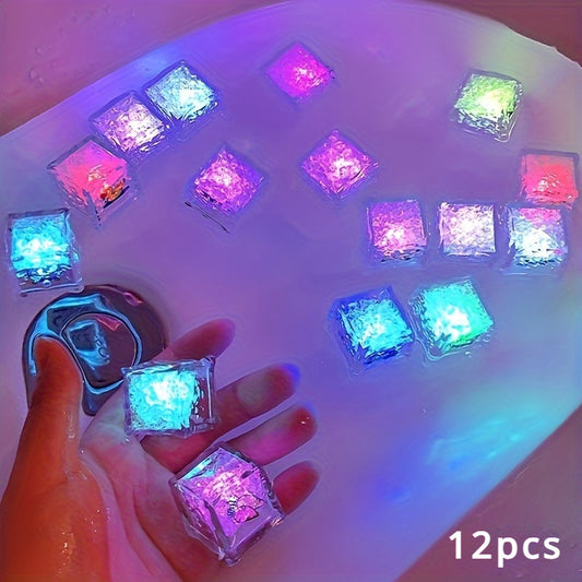 12-Pack of Luminous Magic Ice Cube Decorations in 8 colors, made of plastic, includes 3 AA batteries. Perfect for bathroom, parties, home decor, KTV bars, Halloween and Christmas. Ideal as gifts.