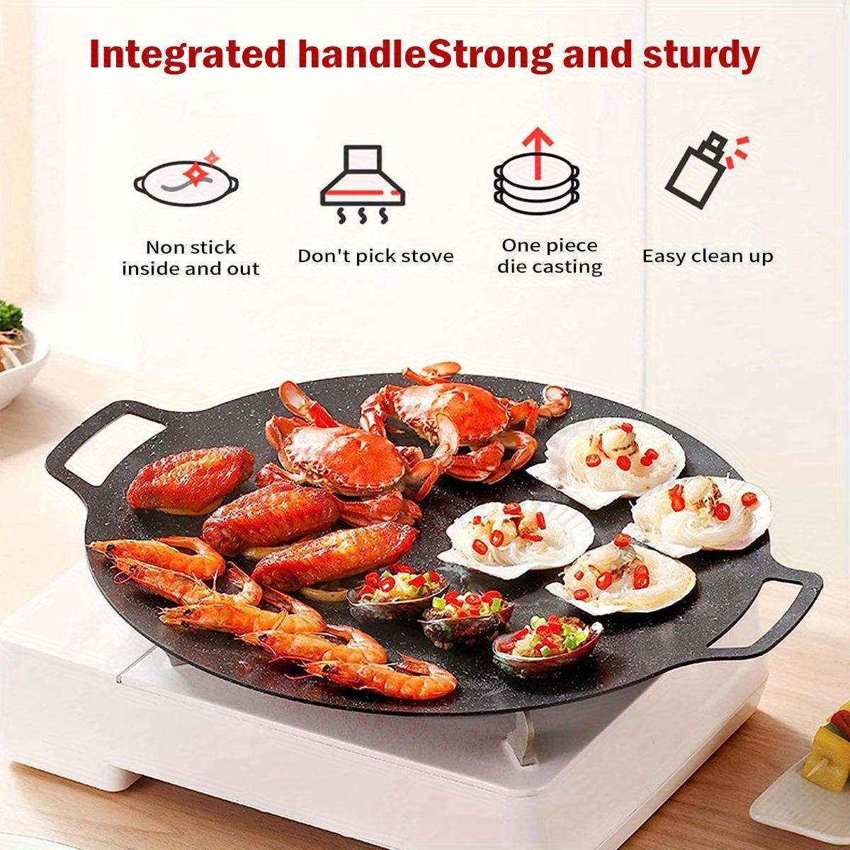 Get grilling with our Cast Iron BBQ Grill Pan - a Non-Stick Korean Barbecue Plate featuring convenient Integrated Handles. This versatile pan is Hand Wash Only and is suitable for use with Gas, Open Fire, Home & Outdoor Cooking. With its Multipurpose