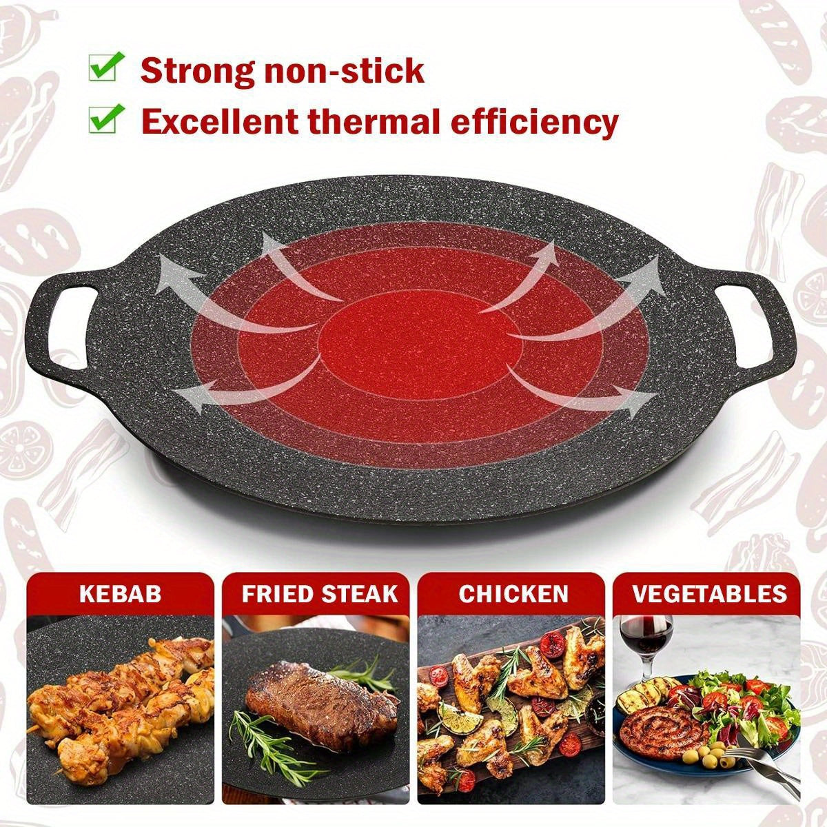 Get grilling with our Cast Iron BBQ Grill Pan - a Non-Stick Korean Barbecue Plate featuring convenient Integrated Handles. This versatile pan is Hand Wash Only and is suitable for use with Gas, Open Fire, Home & Outdoor Cooking. With its Multipurpose