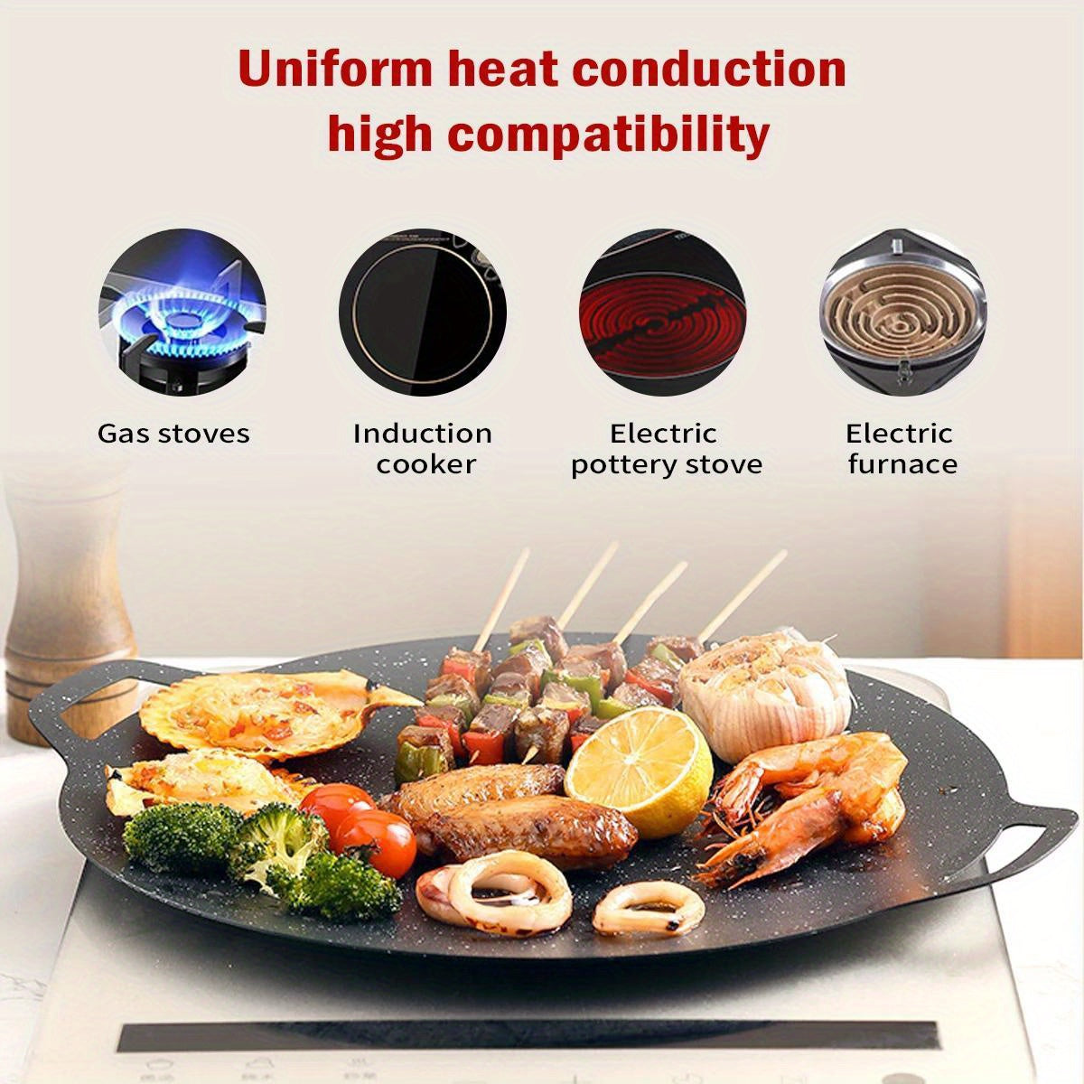 Get grilling with our Cast Iron BBQ Grill Pan - a Non-Stick Korean Barbecue Plate featuring convenient Integrated Handles. This versatile pan is Hand Wash Only and is suitable for use with Gas, Open Fire, Home & Outdoor Cooking. With its Multipurpose