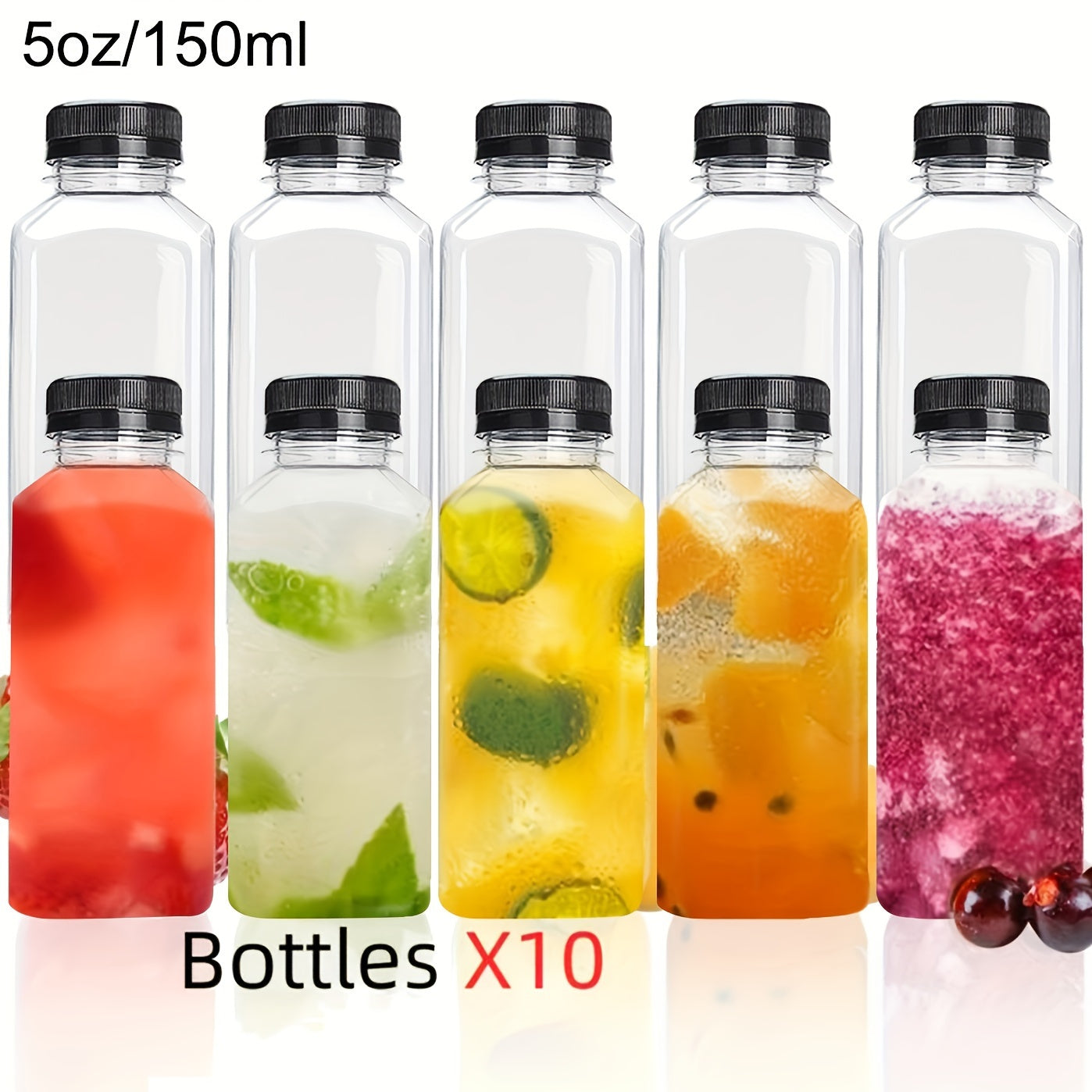 5 to 10 leak-proof clear plastic juice bottles - ideal for juicing, smoothies, milk and homemade beverages - recyclable containers in bulk.