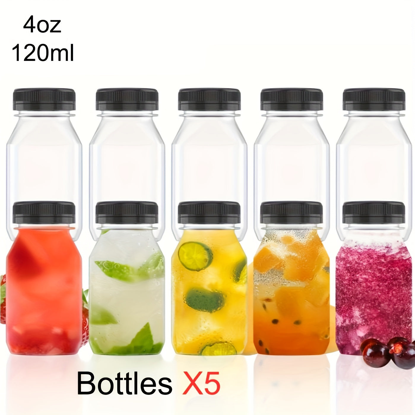 5 to 10 leak-proof clear plastic juice bottles - ideal for juicing, smoothies, milk and homemade beverages - recyclable containers in bulk.