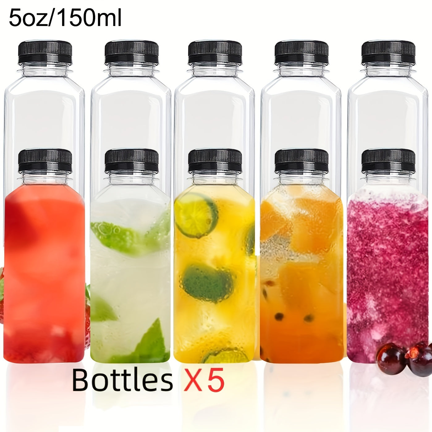 5 to 10 leak-proof clear plastic juice bottles - ideal for juicing, smoothies, milk and homemade beverages - recyclable containers in bulk.