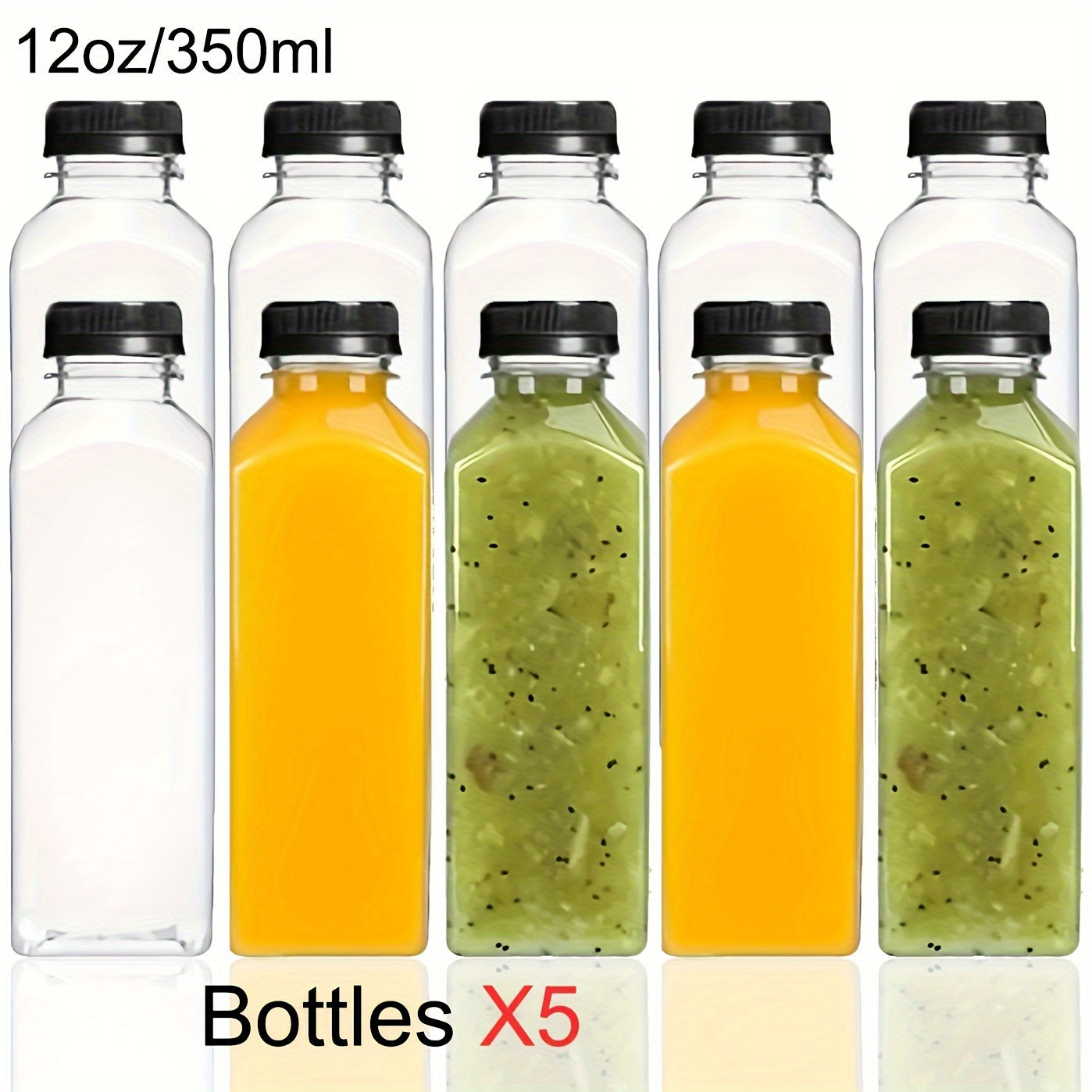 5 to 10 leak-proof clear plastic juice bottles - ideal for juicing, smoothies, milk and homemade beverages - recyclable containers in bulk.