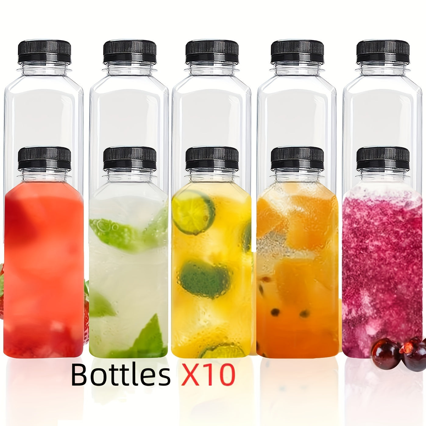 5 to 10 leak-proof clear plastic juice bottles - ideal for juicing, smoothies, milk and homemade beverages - recyclable containers in bulk.