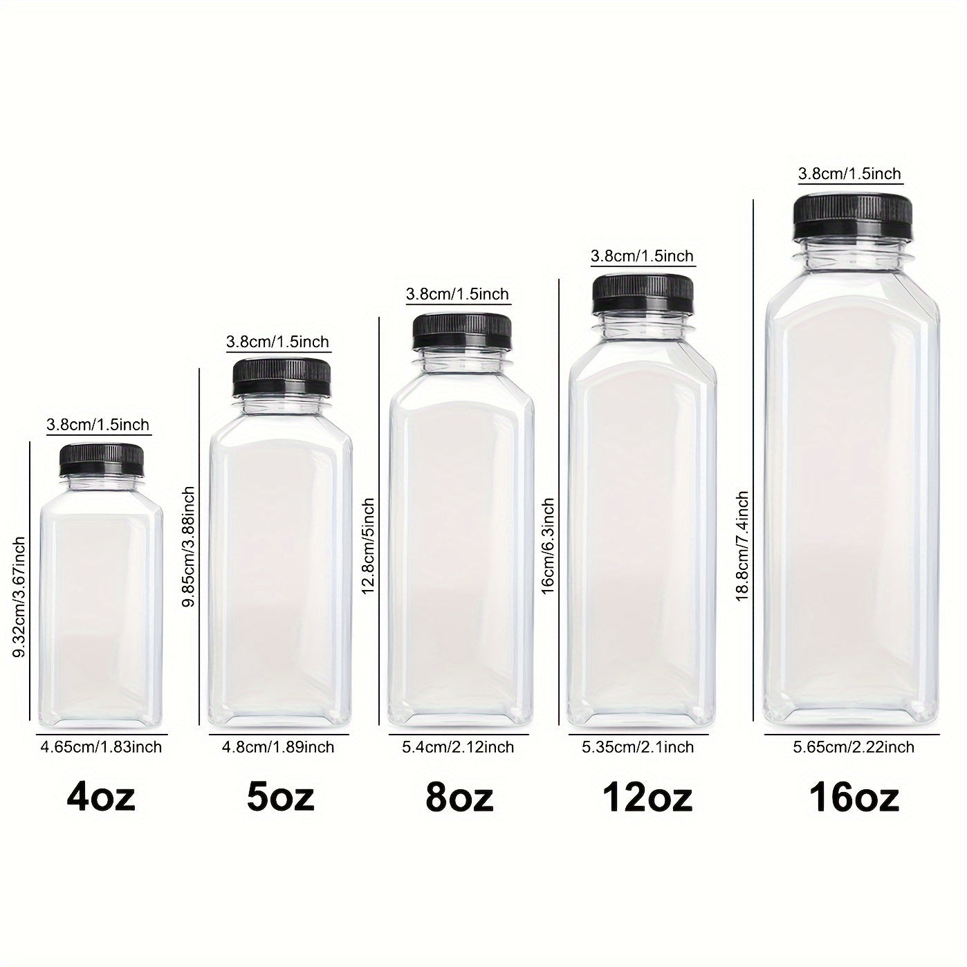 5 to 10 leak-proof clear plastic juice bottles - ideal for juicing, smoothies, milk and homemade beverages - recyclable containers in bulk.