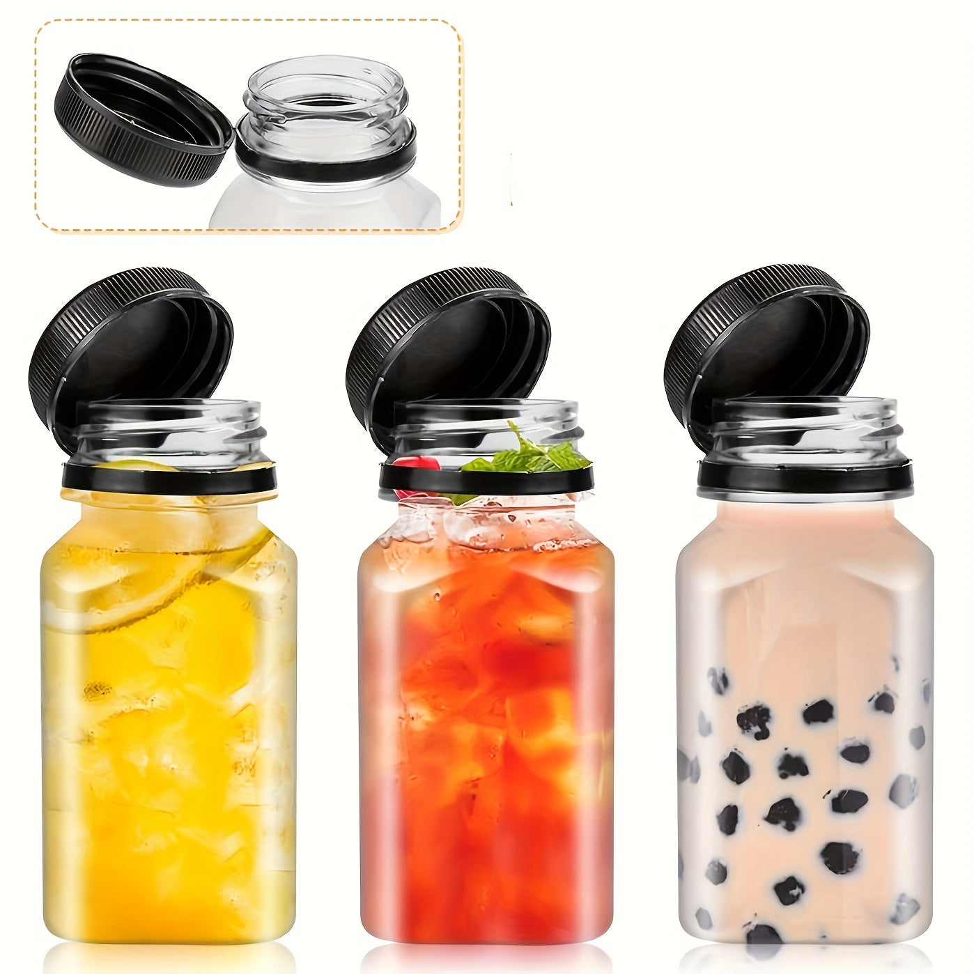 5 to 10 leak-proof clear plastic juice bottles - ideal for juicing, smoothies, milk and homemade beverages - recyclable containers in bulk.