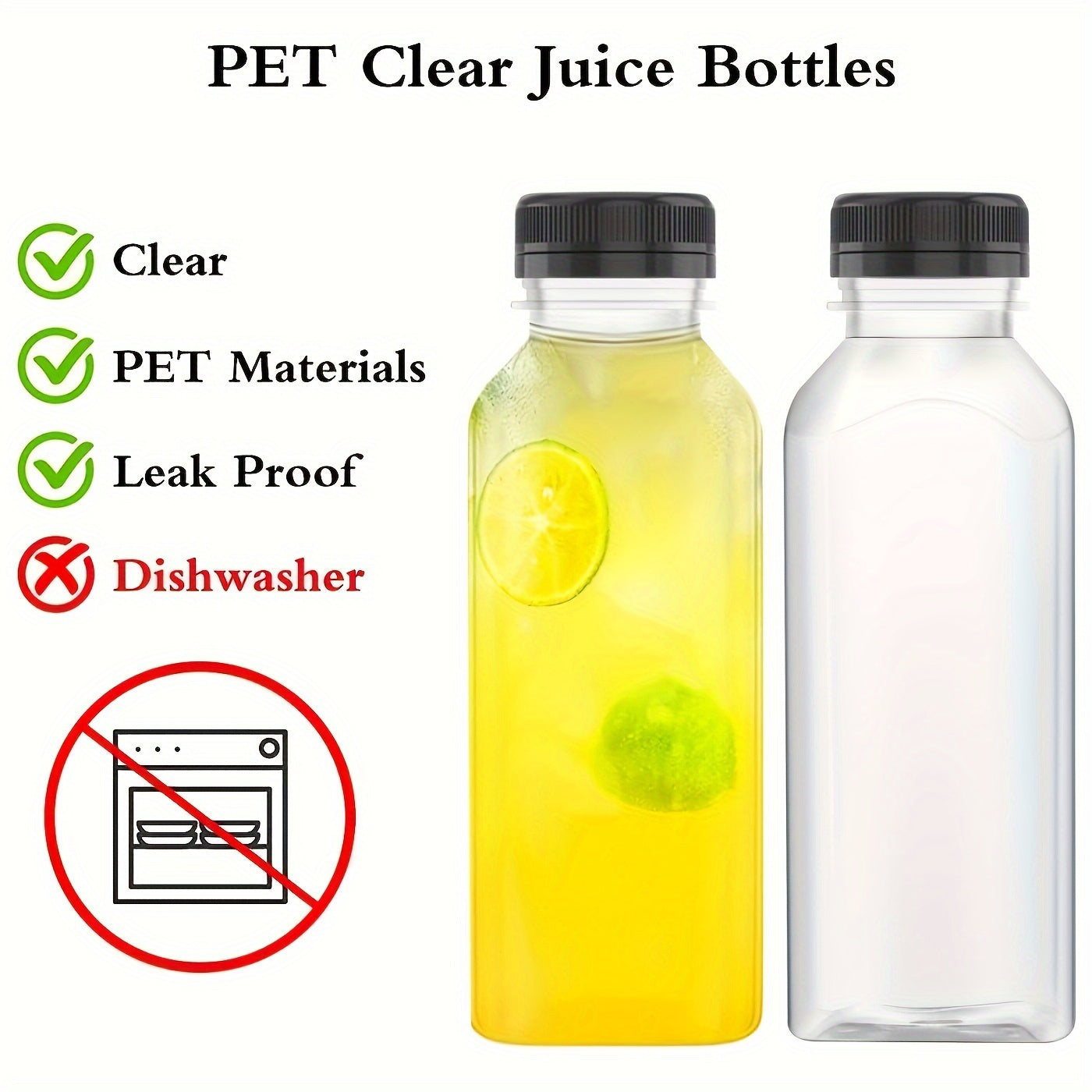 5 to 10 leak-proof clear plastic juice bottles - ideal for juicing, smoothies, milk and homemade beverages - recyclable containers in bulk.