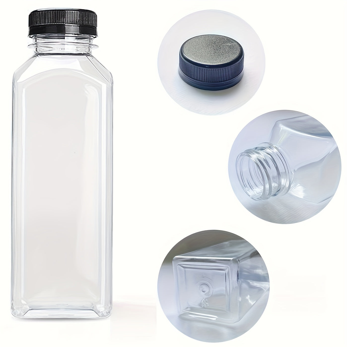 5 to 10 leak-proof clear plastic juice bottles - ideal for juicing, smoothies, milk and homemade beverages - recyclable containers in bulk.