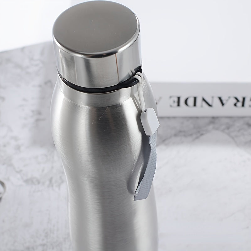 Large stainless steel water bottle with leakproof lid, wrist strap, and durable design for outdoor sports.