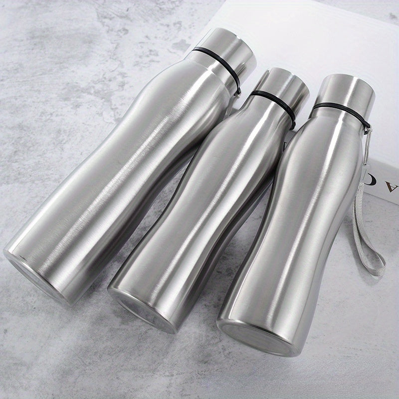 Large stainless steel water bottle with leakproof lid, wrist strap, and durable design for outdoor sports.