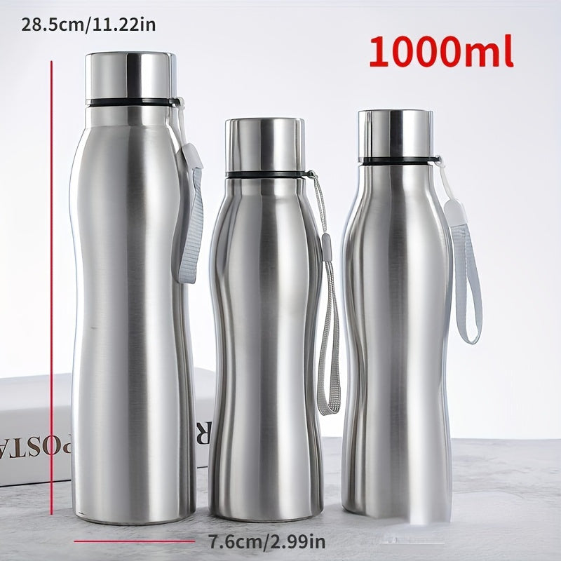 Large stainless steel water bottle with leakproof lid, wrist strap, and durable design for outdoor sports.