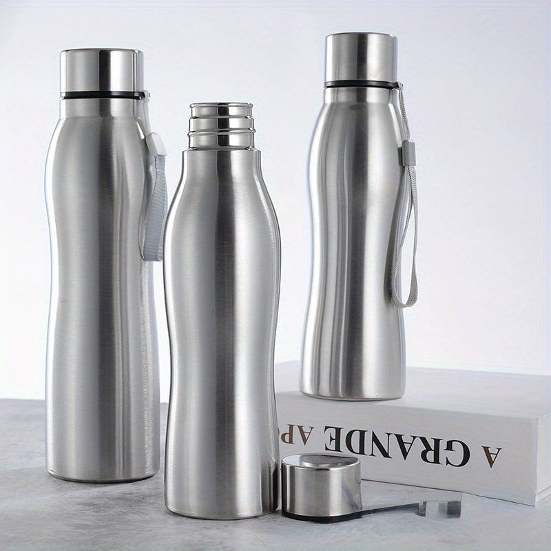 Large stainless steel water bottle with leakproof lid, wrist strap, and durable design for outdoor sports.