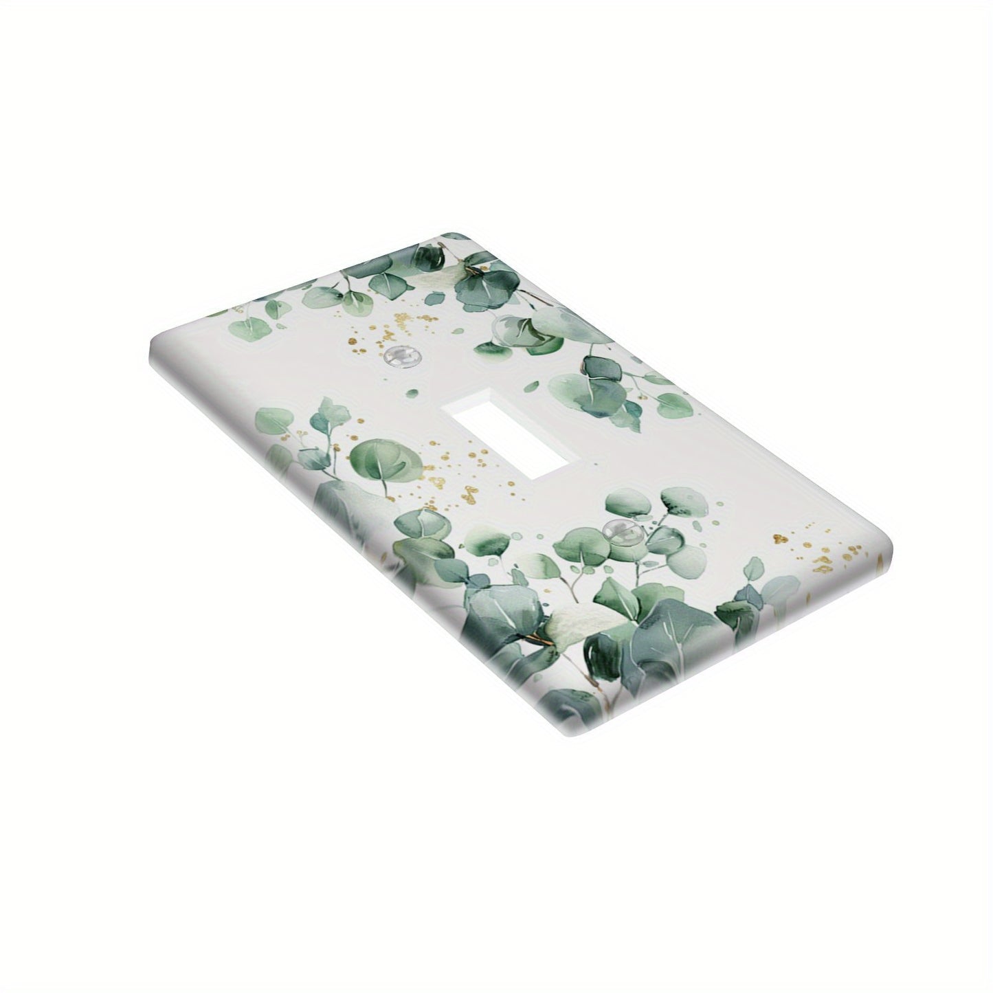 Green leaves pattern print single rocker light switch cover with white and golden accents, decorative and unbreakable, double hole plate, no wiring needed.