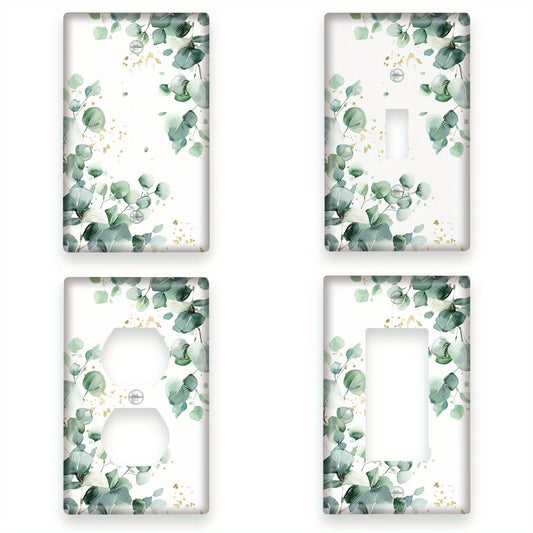 Green leaves pattern print single rocker light switch cover with white and golden accents, decorative and unbreakable, double hole plate, no wiring needed.