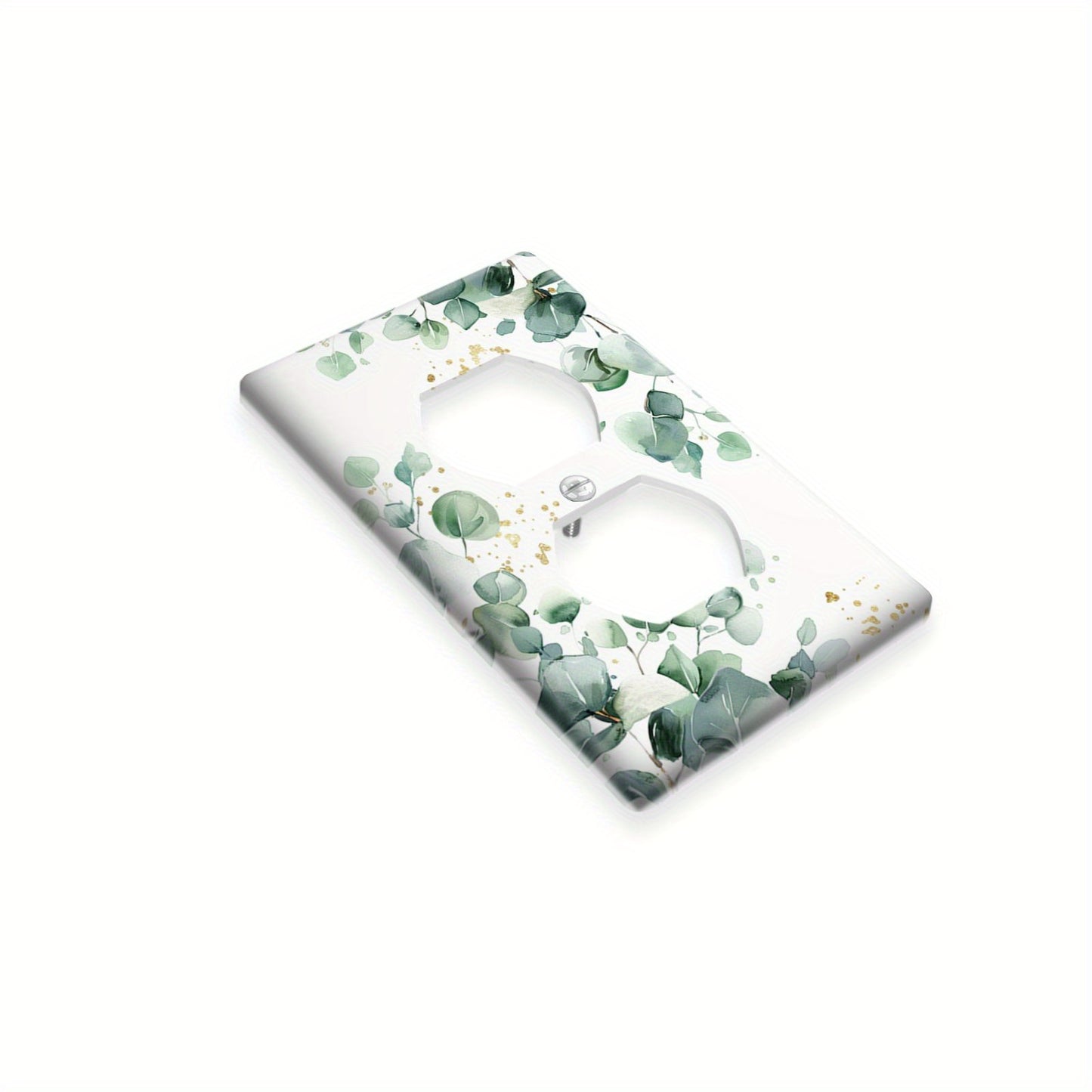 Green leaves pattern print single rocker light switch cover with white and golden accents, decorative and unbreakable, double hole plate, no wiring needed.