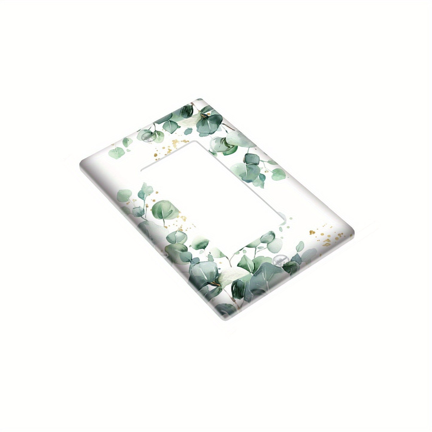 Green leaves pattern print single rocker light switch cover with white and golden accents, decorative and unbreakable, double hole plate, no wiring needed.