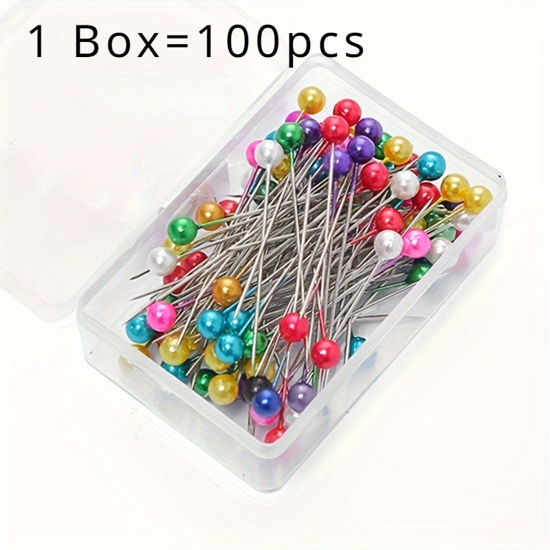 Materials for DIY handmade clothing accessories including 3 boxes of pearl needle positioning needles, colored big head needles, and sewing tools accessories.