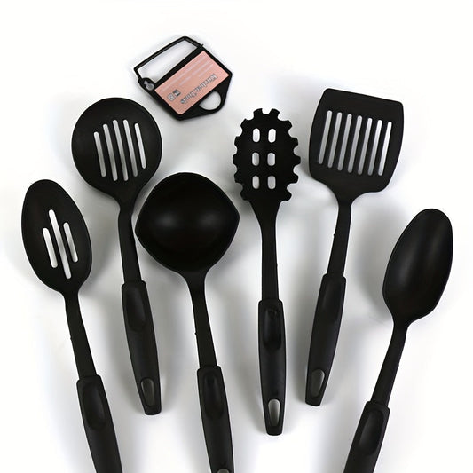 Set of 6 Kitchen Utensils: Comes with Ladle, Spoon, Slotted Spoons, Spatula, Slotted Turner, and Spaghetti Server - Sturdy Plastic Cooking Tools for Home Use